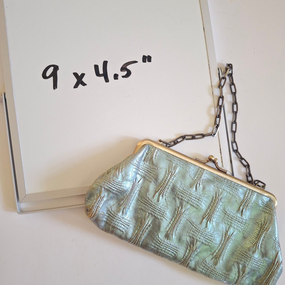Y2K Vintage Kenneth Cole Reaction Metallic Teal Kiss Lock Clutch Chain Bag - Picture 8 of 8